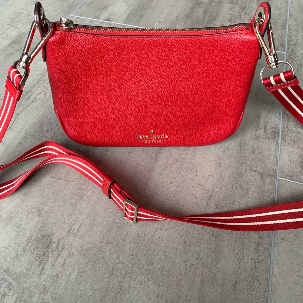 Kate Spade Red Crossbody Bag with Striped Strap~ Like New!! No stains or scuffs.